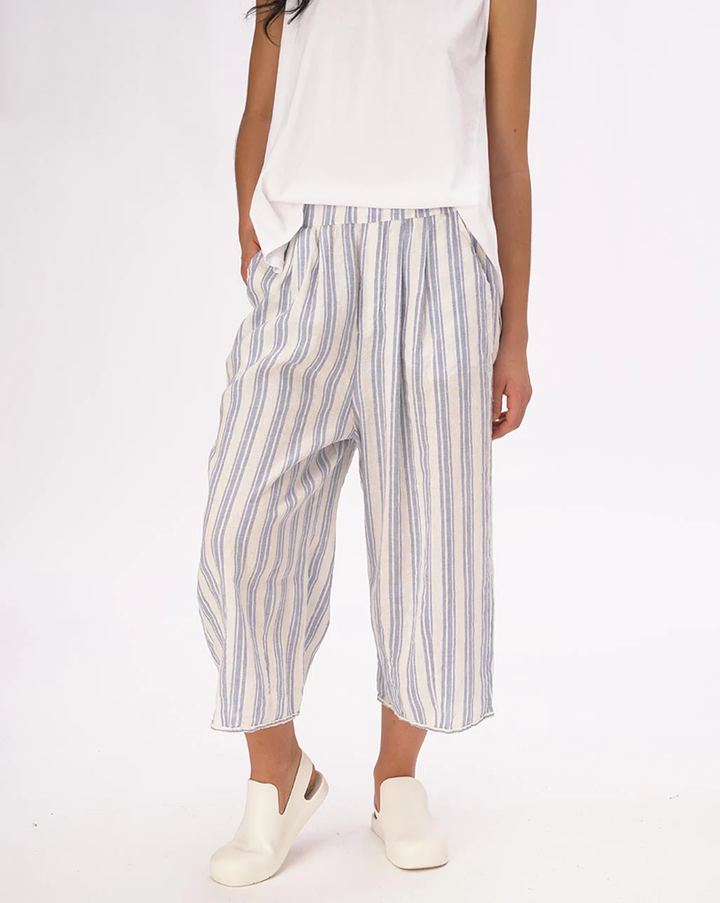 Striped Elastic Waist Crinkled Culottes