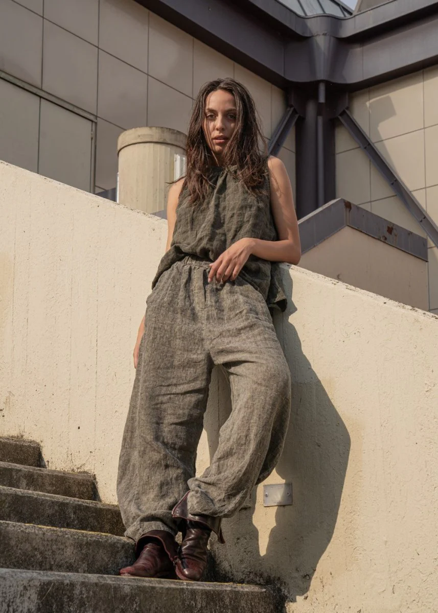 Stonewashed Linen Round Neck Hi-Lo Top
